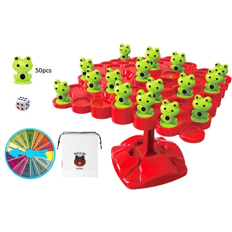 Educational balancing frog tree board and dice set for preschool number games and turn-taking practice.