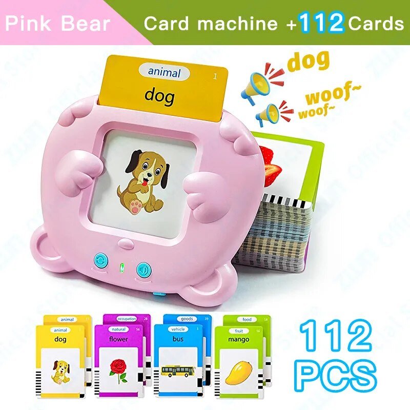 Pink card machine with educational cards and a dog illustration on a white background