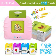 Pink card machine with educational cards featuring animals and words on a white background