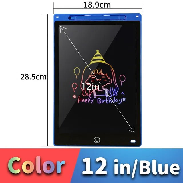 12-inch blue electronic writing pad with a drawing on the screen, showing dimensions.