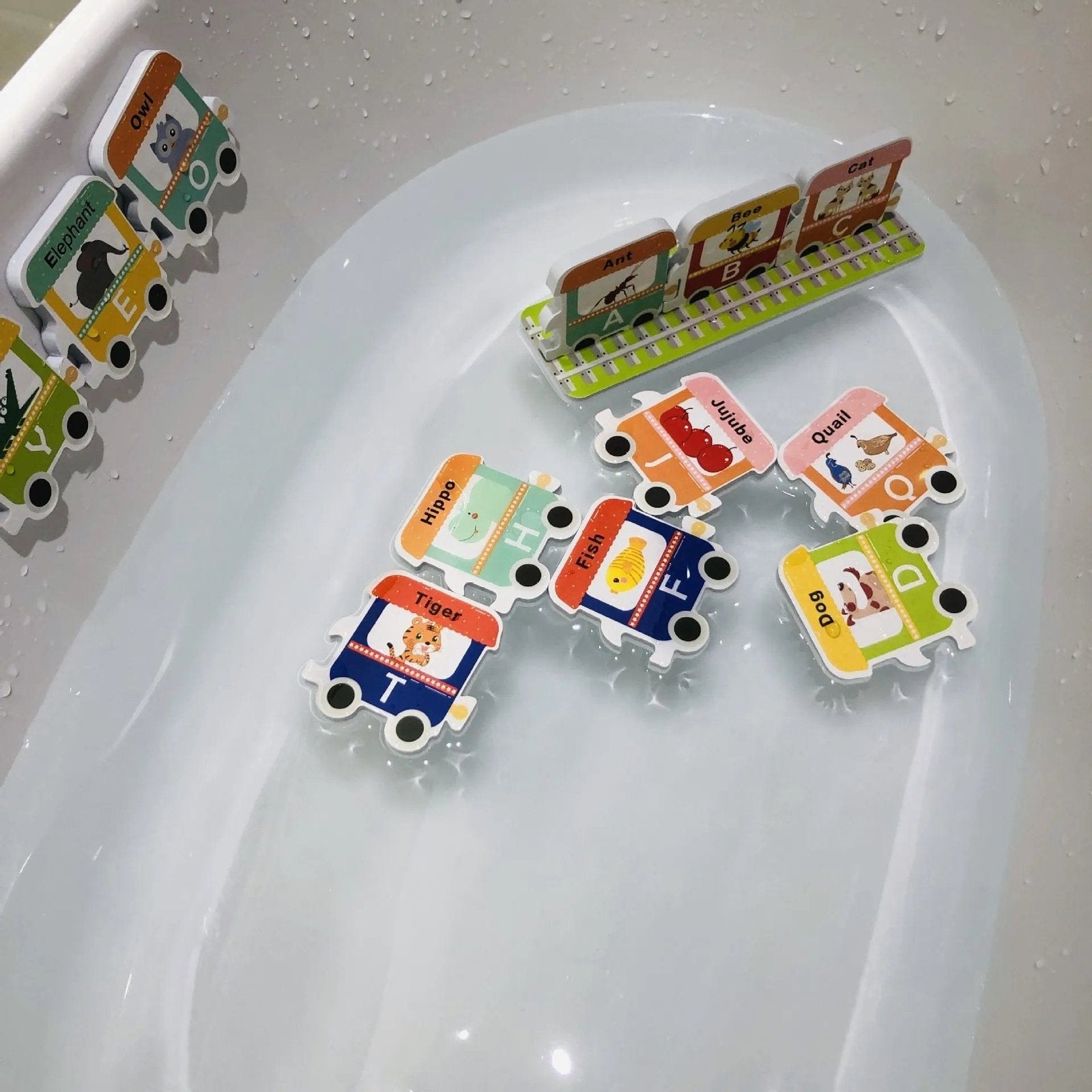 Educational EVA railway bath toys with animal train shapes for learning play, sorting, and bath time fun.