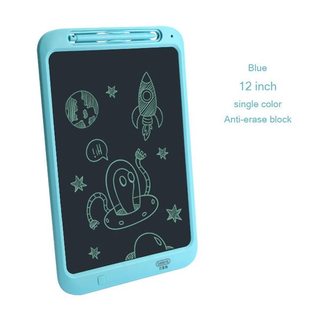 12-inch blue electronic writing pad with drawings.