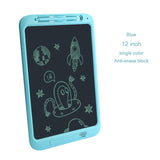 12-inch blue electronic writing pad with drawings.