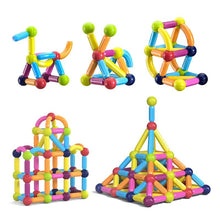 Colorful magnetic building blocks forming various shapes.