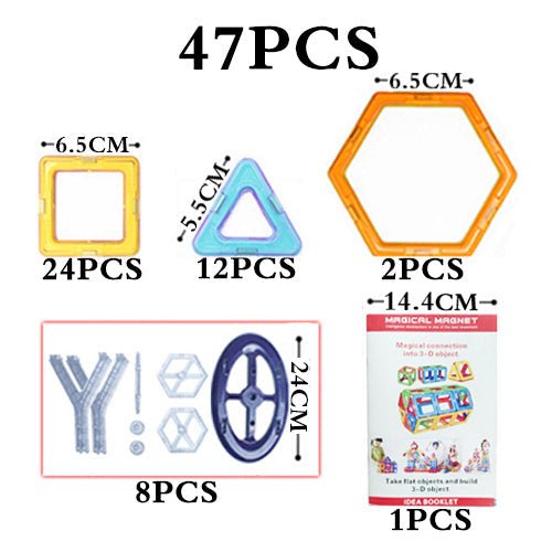 Set of magnetic building shapes with quantities and dimensions labeled.