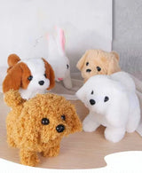 Set of plush toy dogs on a wooden surface
