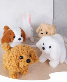 Set of plush toy dogs on a wooden surface
