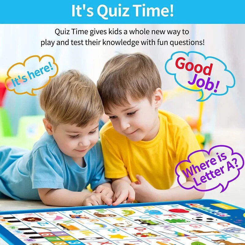 Two children playing with a educational quiz board game.