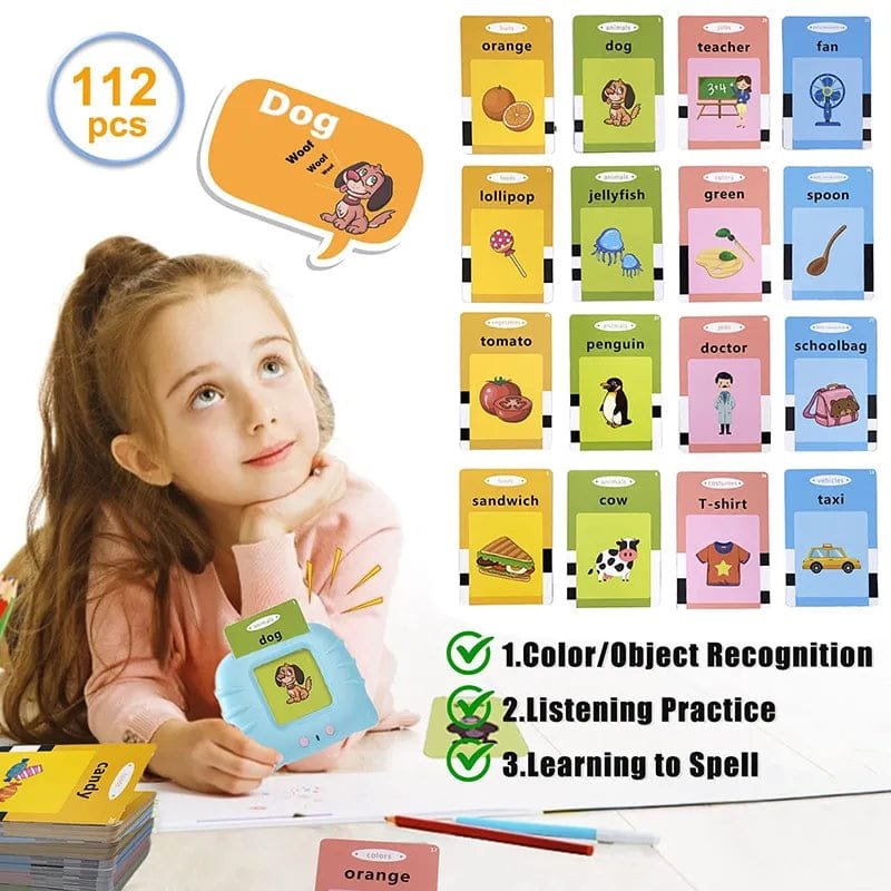 Child with educational flashcards on a table, featuring various objects and colors.