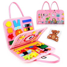 Pink educational toy with colorful shapes and a teddy bear picture on a white background