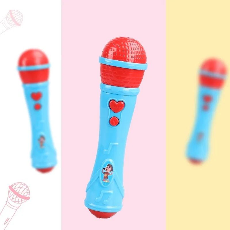Toy microphone with red top and blue body on a pink and yellow background