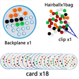 Components of a set including a backplane, hairballs, a clip, and cards on a white background.