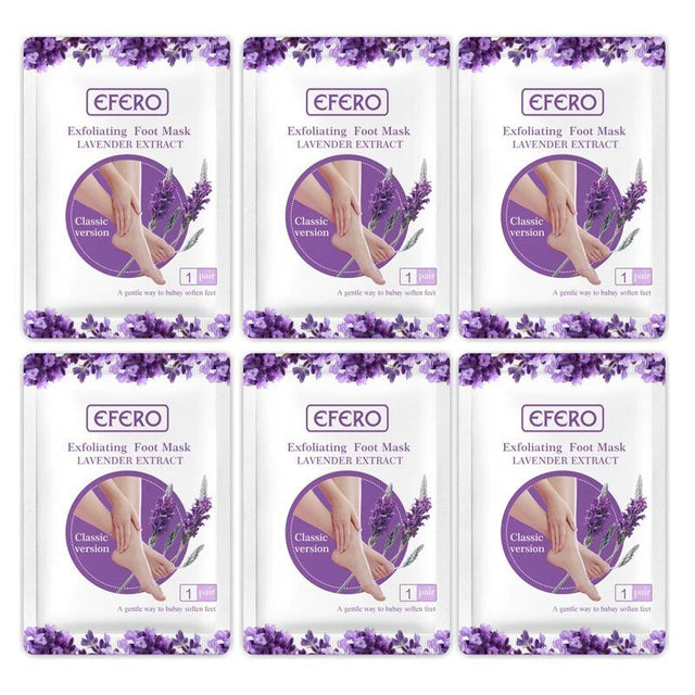 Six packages of Efero exfoliating foot mask with lavender extract on a white background.