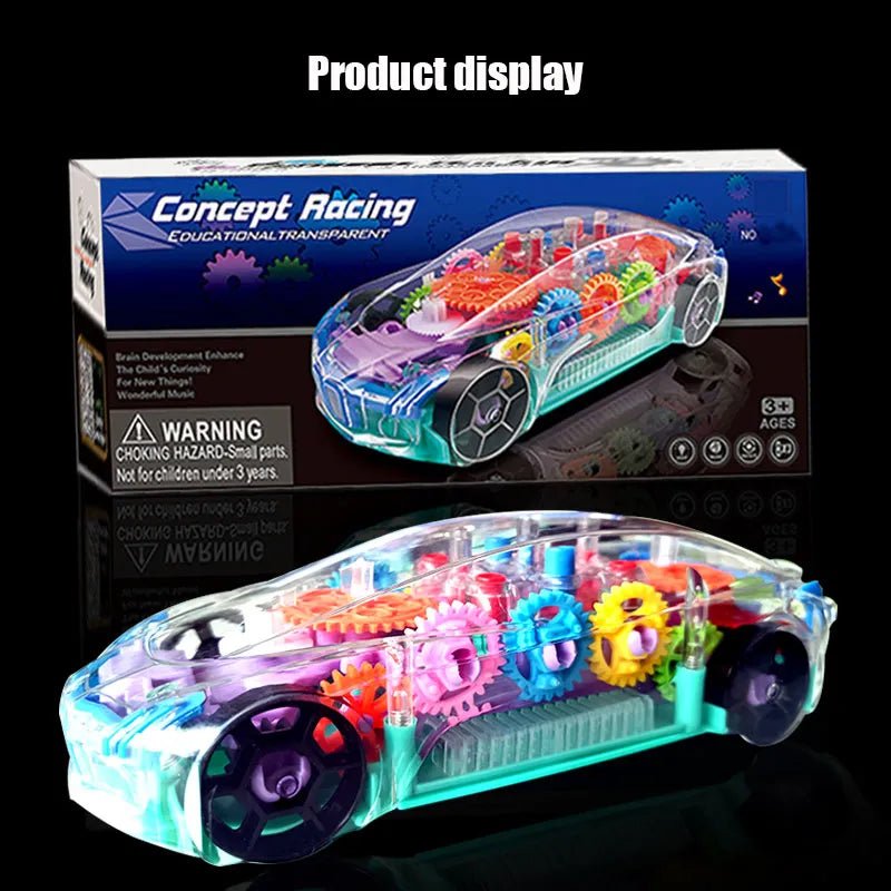 Transparent toy car with colorful gears and packaging labeled 'Concept Racing' on a black background.