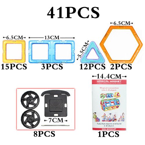 Set of magnetic building pieces with measurements and a packaging box on a white background