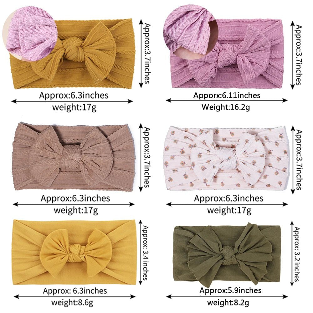 Set of baby headbands with bow designs, measurements, and weights displayed.
