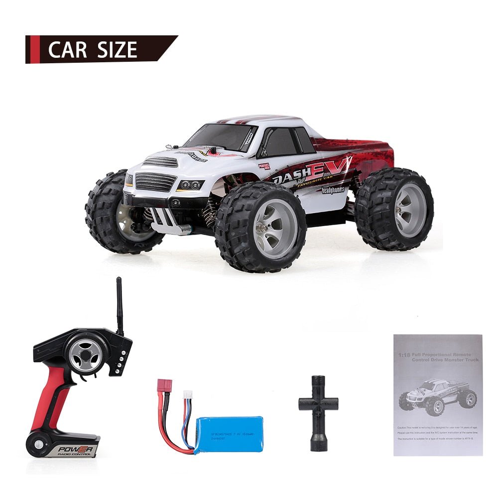 Remote control monster truck with accessories.
