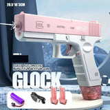 Pink and white water gun labeled 'Glock' with accessories.