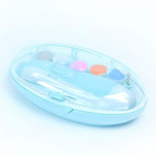 Electric baby nail trimmer in clear blue with colorful buttons for gentle newborn manicures.