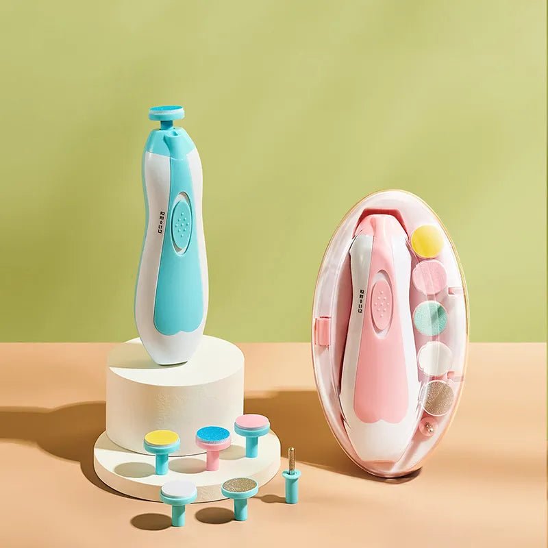 6-in-1 Electric Baby Nail Trimmer and Manicure Kit shown as a complete set for safe at-home nail care and grooming.