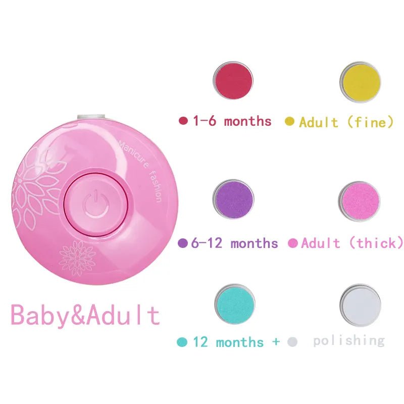 Electric baby nail trimmer and manicure kit in pink with six grinding heads for gentle trimming.