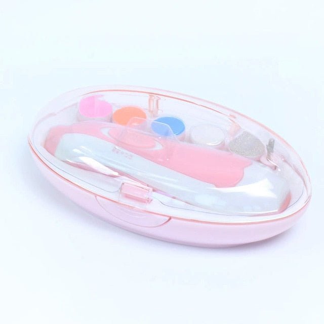 Electric baby nail trimmer pink case shown from another angle for at-home manicure kits.