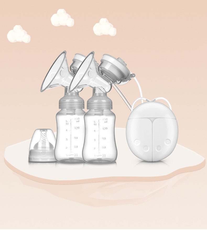 Double electric breast pump with milk bottles displayed for daily breastfeeding and pumping routine.