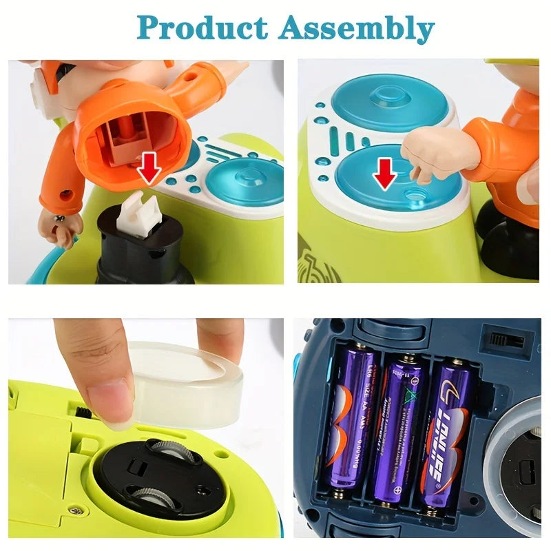 Four product assembly steps showing how to attach the DJ figure and install batteries