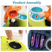 Four product assembly steps showing how to attach the DJ figure and install batteries