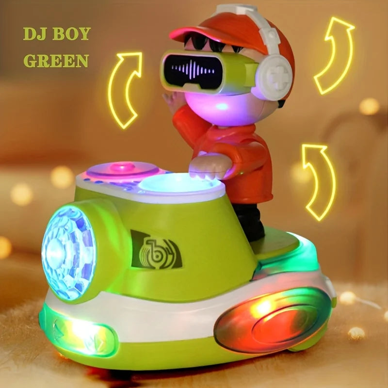 Green DJ boy toy with glowing lights and arrows showing its movement