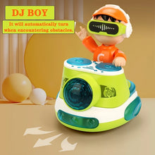 Green DJ boy toy with a note that it turns automatically when it meets an obstacle