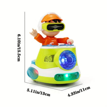 Green DJ boy toy with size markers of 15.5 cm tall, 13 cm wide and 11 cm deep