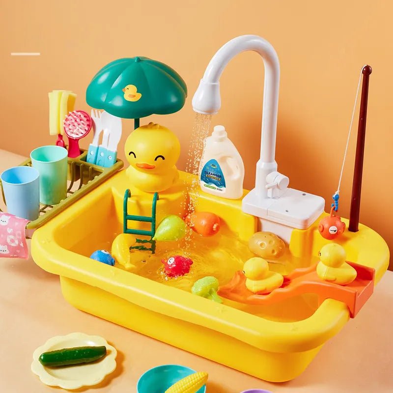 Yellow rubber duck toy with a bathtub, faucet, and various bath toys 