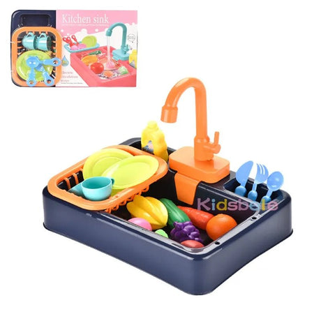Toy kitchen sink set with fruits, vegetables, and utensils 