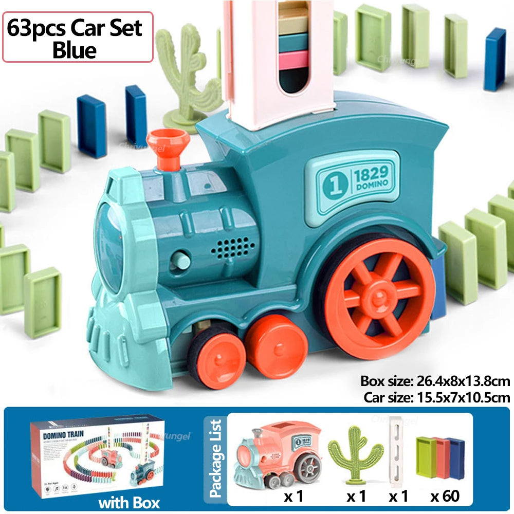 Electric domino train builder set laid out with dominoes for automatic chain reaction play.