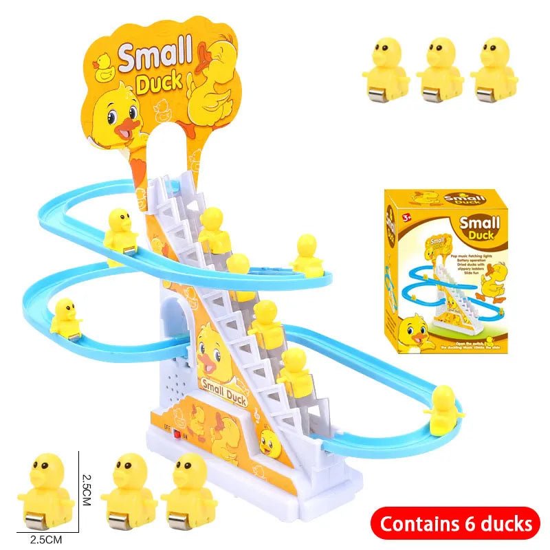 Electric duck track rail toy set with small duck figures for LED musical slide play.