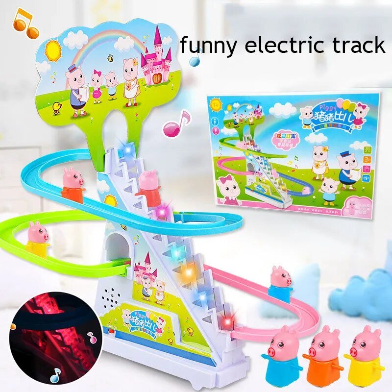 Electric duck track rail toy with Peppa Pig character variant and retail packaging for gifting.