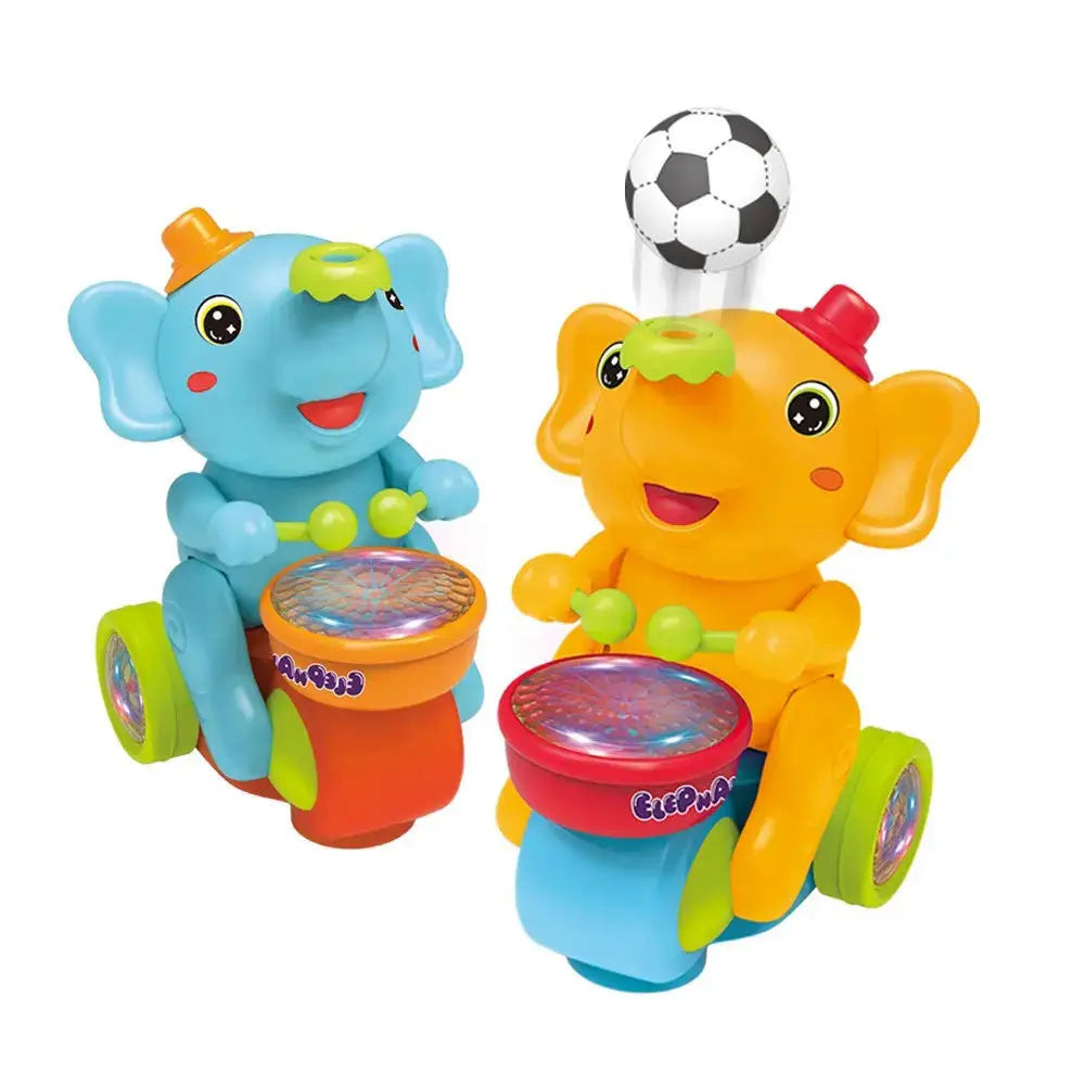 Blue and yellow elephant drummer toys side by side with floating balls