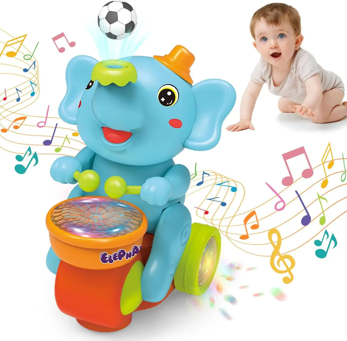 Blue elephant drummer toy with music notes and a floating soccer ball, second view