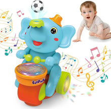 Blue elephant drummer toy with music notes and a floating soccer ball, second view