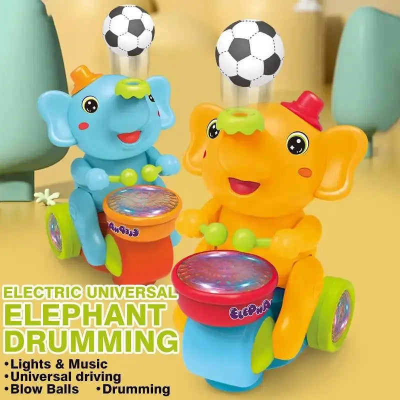 Electric elephant drumming toy in blue and yellow with lights, music and a floating ball