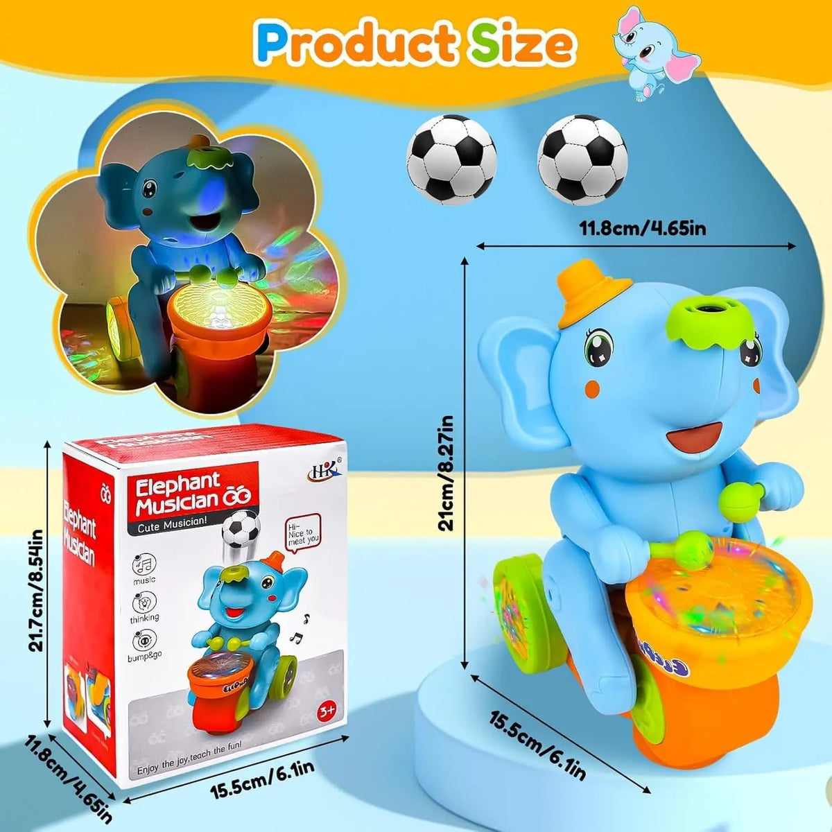 Blue elephant drummer toy with size dimensions of 21 cm tall and its retail box