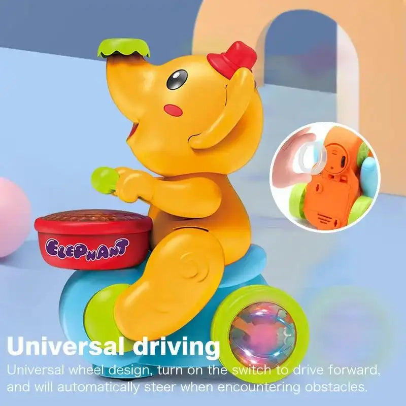 Yellow elephant drummer toy with a close-up of its universal driving wheel