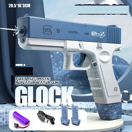 Glock-style water gun with accessories.