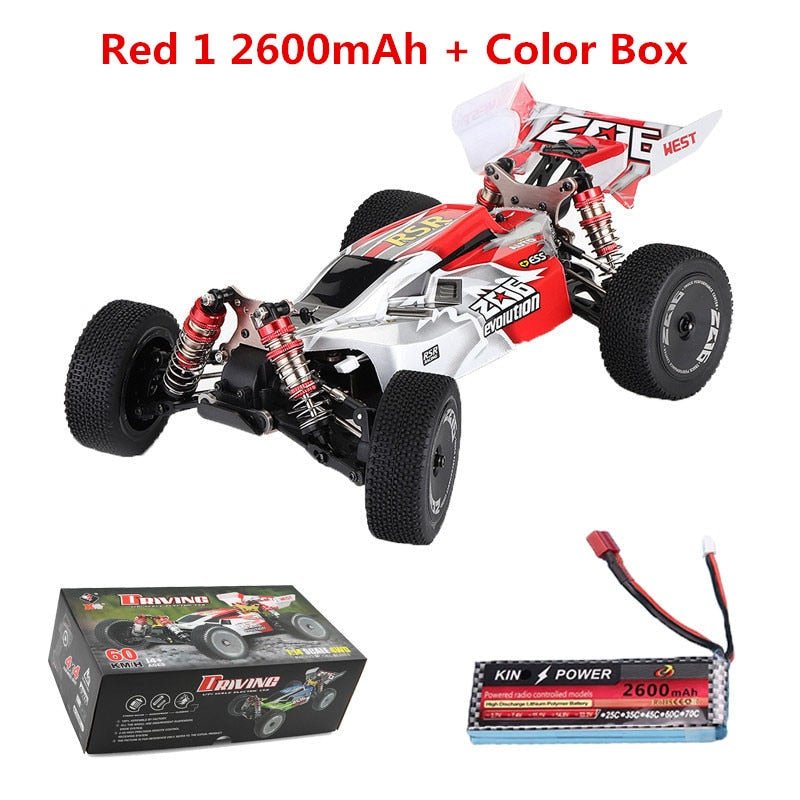 Electric 2.4G RC drift crawler shown with battery and box for family race day setup.