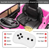 Pink toy car with black seat and steering wheel, featuring a seat belt and parent remote control.