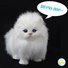 Electric simulation plush cat toy with blue eyes that responds when pressed for interactive play.