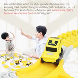 Toy car on a track with a child and adult interacting, text about enhancing security and control.