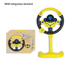 Electric simulated steering wheel toy with long base bracket and packaging for easy mounting.