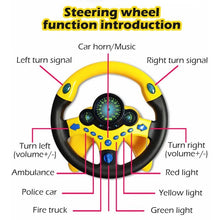 Electric simulated steering wheel toy with labeled light and sound function buttons.